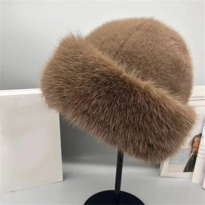 Winter Plush Hat Women Thickened Warm Bucket Hats For Women Men Simple Imitation Fur Ear Protection Cap Windproof Fisherman Cap