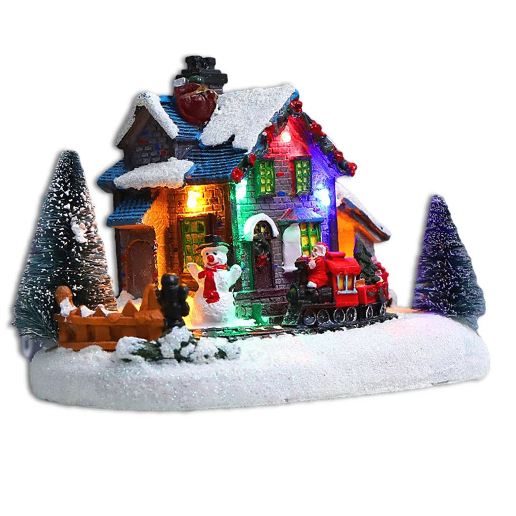 Christmas Village Figurines LED Lights Small Train Christmas Village House Luminous Landscape Figurines Resin Desktop Ornament