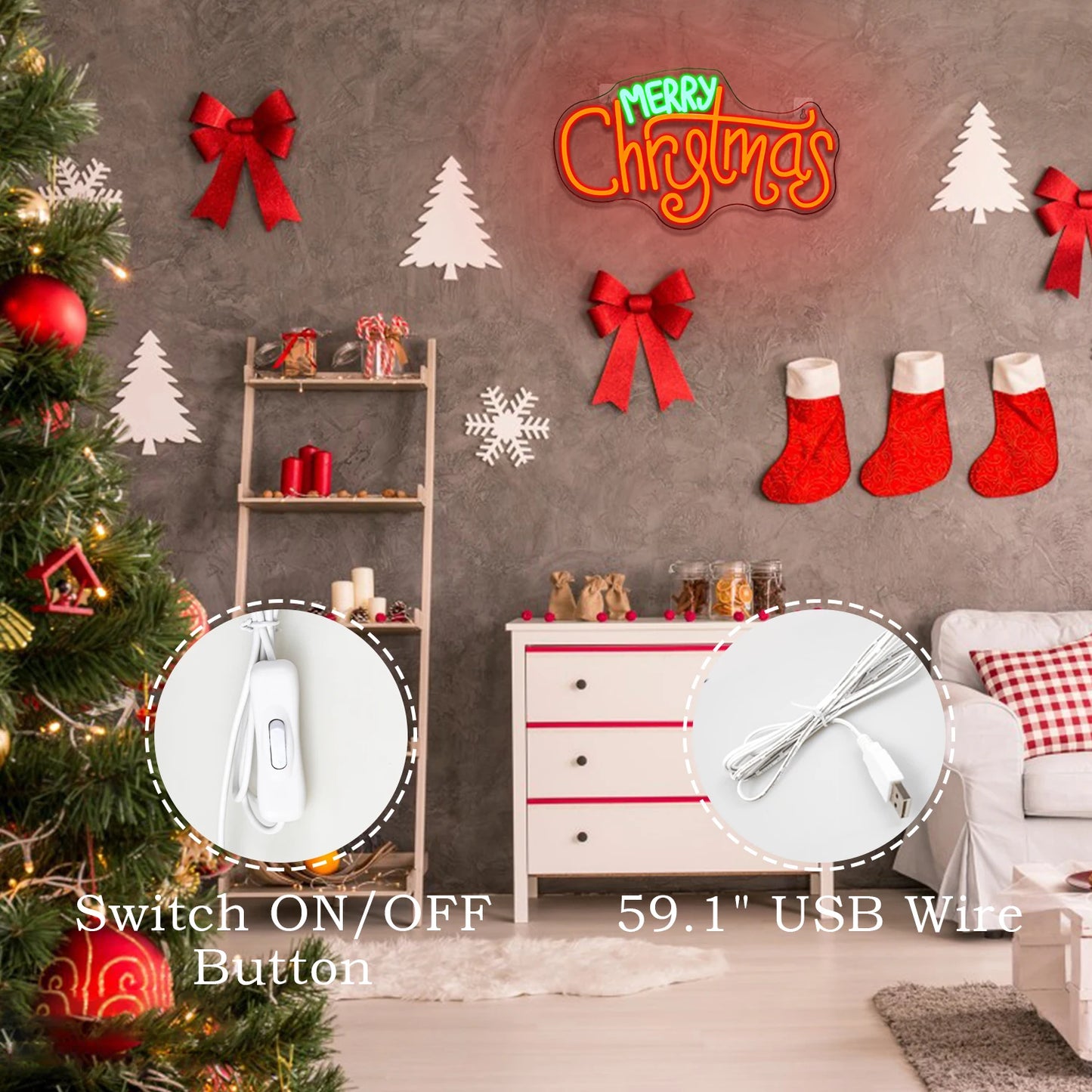 Merry Christmas Neon Sign Red Green LED Lights With Small Decor Dimmable Room Decoration For Festival Home Party Wall Lamp Signs