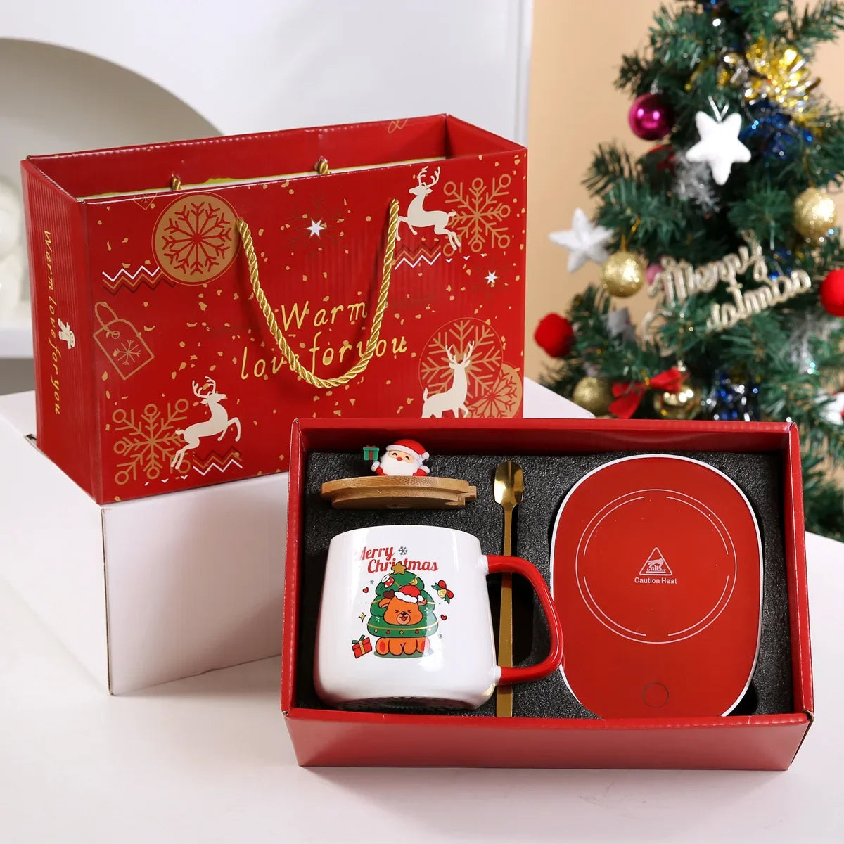 Christmas Gift Set: Warm 55℃ Ceramic Mug with Lid featuring Santa Claus for Office or Home Use