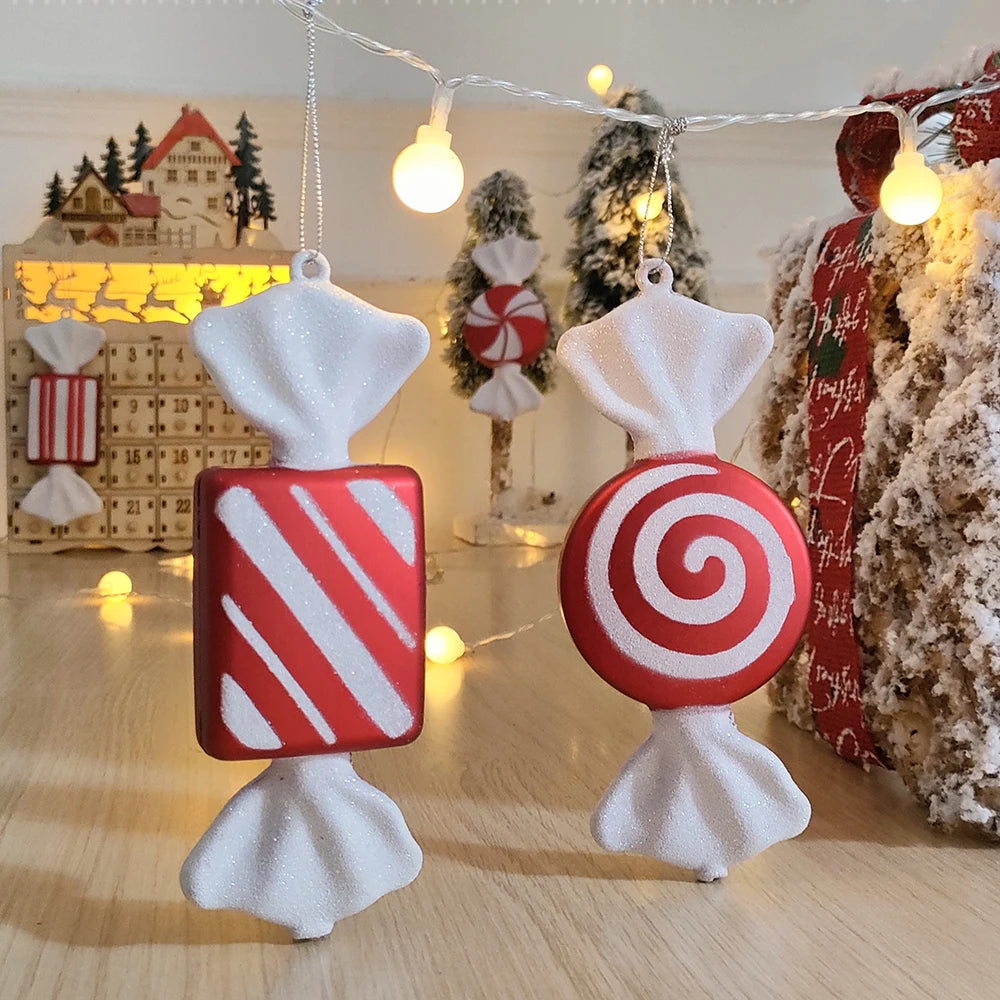 2pc 15cm Large Candy Pendant Christmas Decoration Red And White Lollipop PVC Painted Gold Xmas Tree Decora New Year Kids Gifts