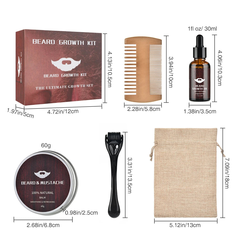 4pcs/set Beard Growth Kit Hair Enhancerbeard Essential Oil Moisturizing Hair Wax Roller Comb For Men Barbe Beard Styling Care