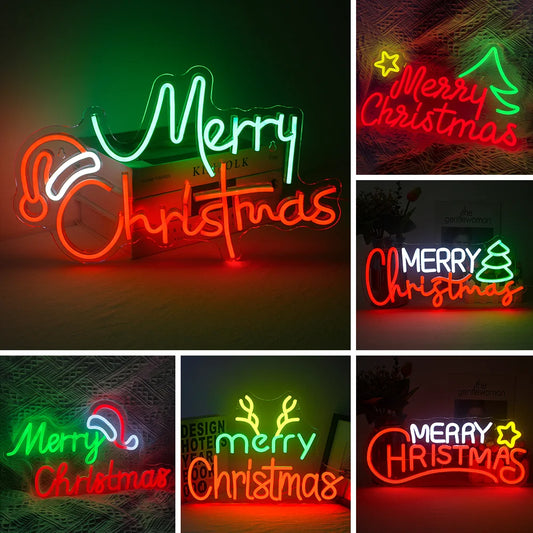 Merry Christmas Neon Sign Christmas Hat Dimmable LED Sign Night Light for Party Kids Bedroom Bar Pub Club Christmas Decor Neon