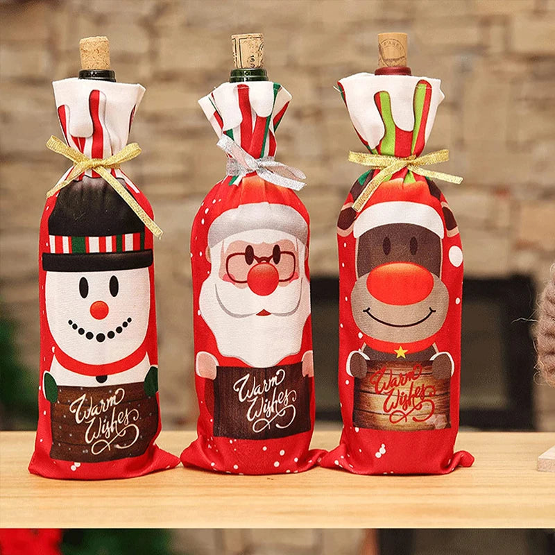 Creative Christmas Wine Bottle Set Golden Velvet Dress Wine Bottle Covers Sleeve Santa Snowman Xmas New Year Dinner Table Decor