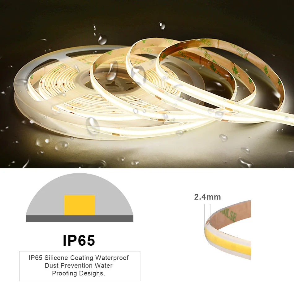 COB LED Strip Light IP65 Waterproof 480 LEDs/m High Density Flexible Tape Ribbon RA90 3000K 4000K 6500K Led Lights DC24V 5m