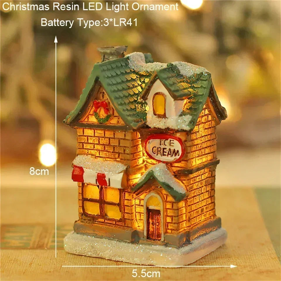 Christmas Glowing Ornaments Resin LED Houses Christmas Snowman Decoration Santa Claus Pine Needles Snow View Holiday Decoration