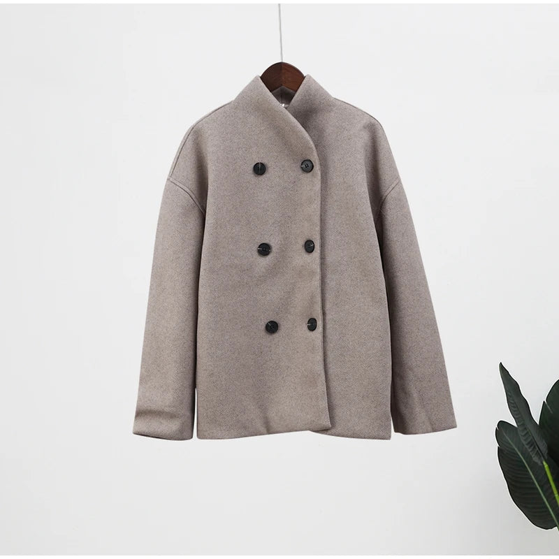 Retro Loose Casual Woolen Coats Women's Double Breasted Stand Collar Short Jacket Office Lady Autumn Winter 2024 Solid Outerwear