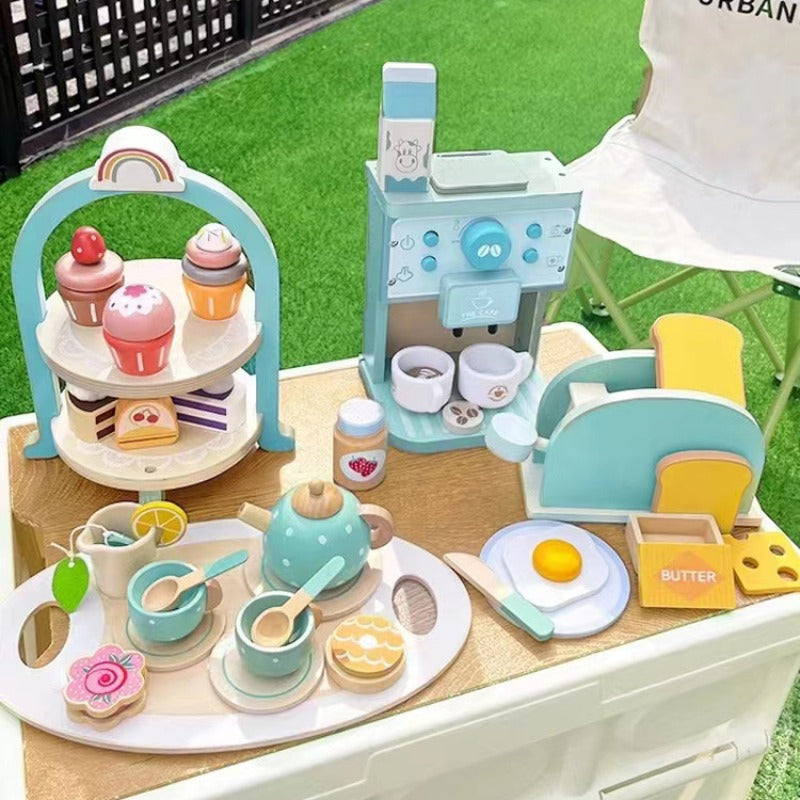 Wooden Simulation Dessert Rack Afternoon Tea Set Toy Pretend Play Food Learning Role Play Game Early Educational Puzzle Toys