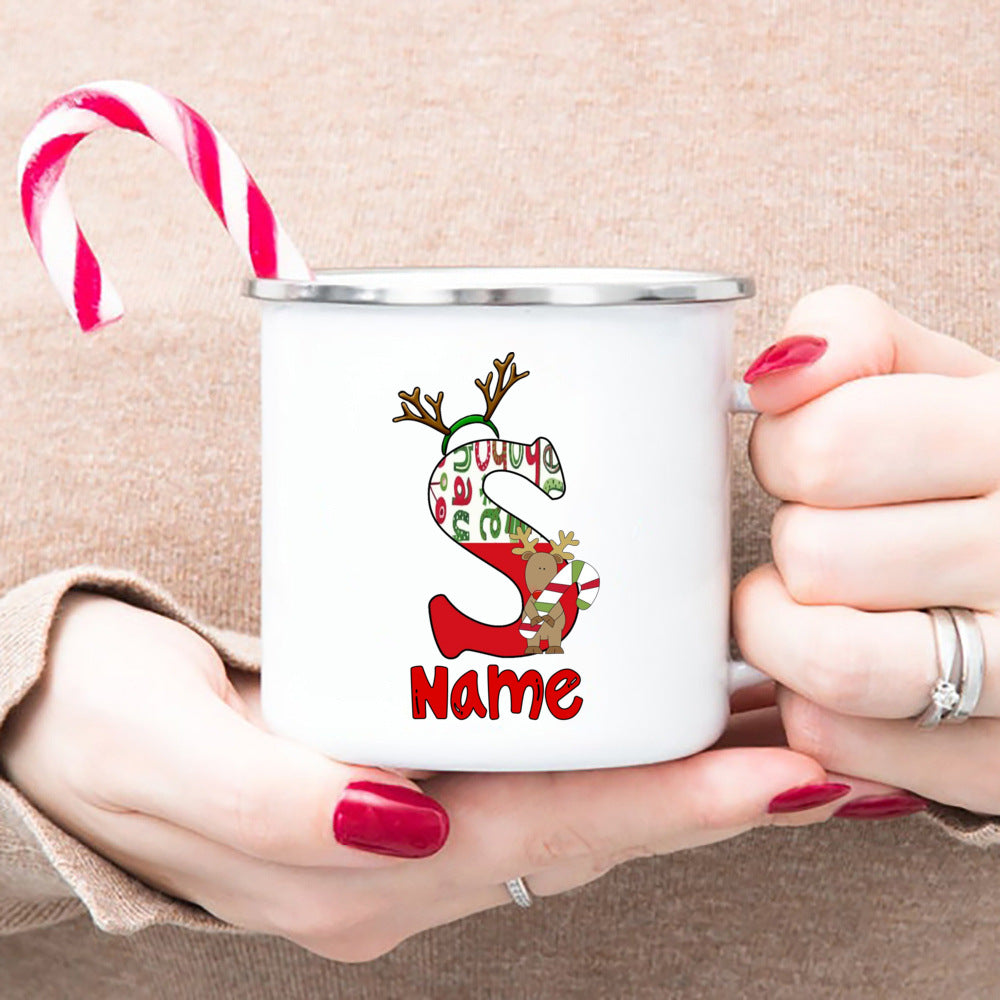 Personlized Reindeer Initial with Name Enamel Cups Christmas Hot Cocoa Chocolate Mug Drink Jiuce Mugs Christmas Gifts for Kids