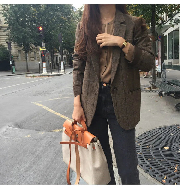 Spring Autumn Summer Plaid Blazer Women Jacket New Korean Style Slim Long Sleeve Casual Fashion Business Suit Coats Woman