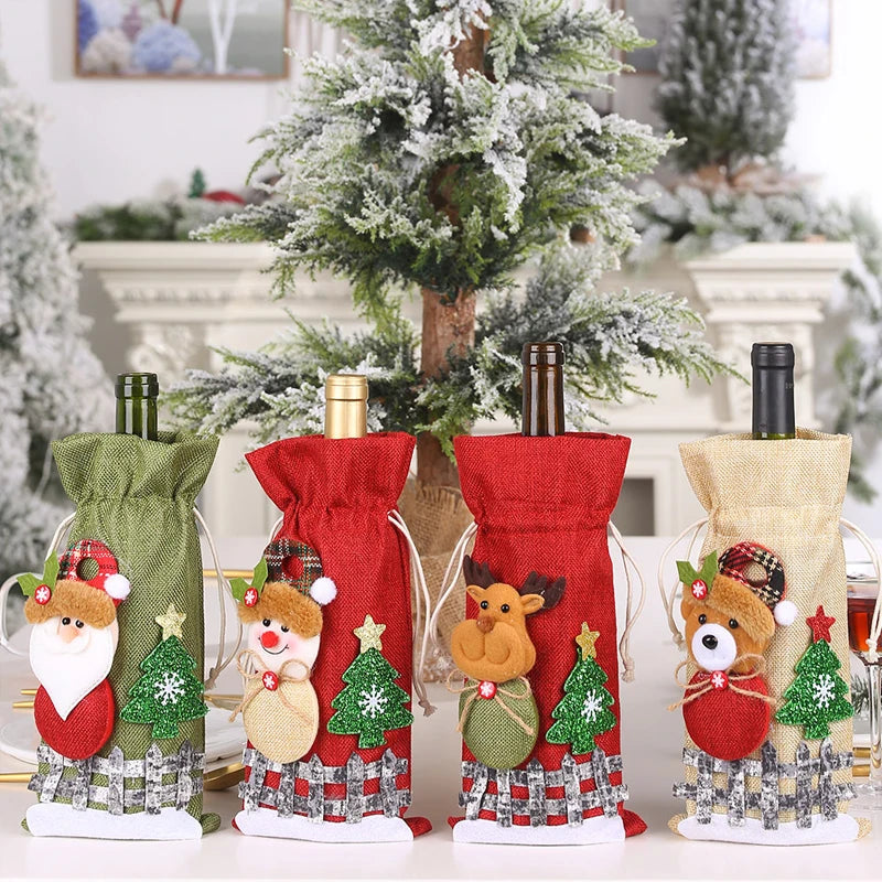 Creative Christmas Wine Bottle Set Golden Velvet Dress Wine Bottle Covers Sleeve Santa Snowman Xmas New Year Dinner Table Decor