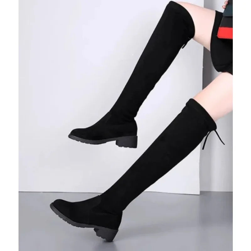 Women Boots Winter Black Over The Knee Boots 2024 New Comfort Lace Up Chunky High Heels Shoes Fashion Warm Suede Round Toe Boots