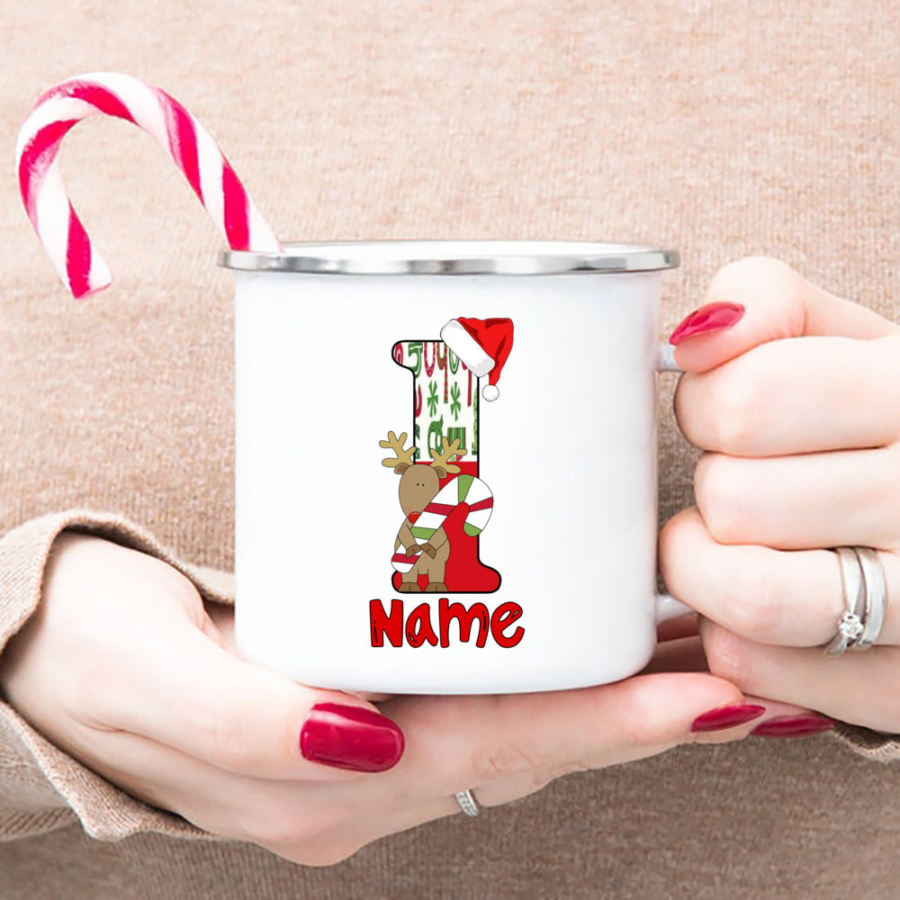 Personlized Reindeer Initial with Name Enamel Cups Christmas Hot Cocoa Chocolate Mug Drink Jiuce Mugs Christmas Gifts for Kids