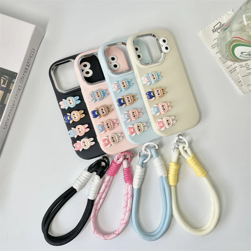 3D Labubu Cartoon Phone Case For iPhone 16 promax 15 14 Plus 13 12 11 Pro Max Mini With Wrist Strap Cute Eyes Soft Cover