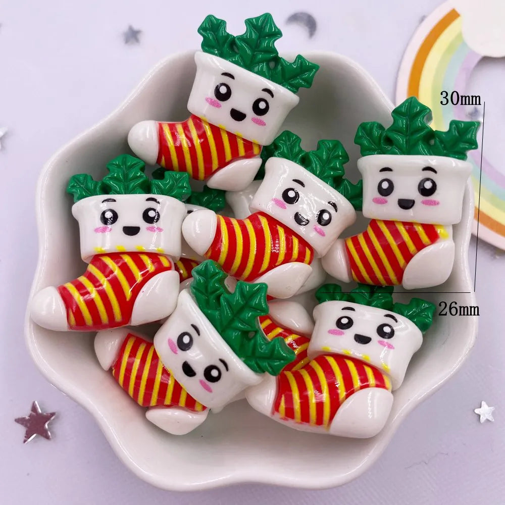 Resin Kawaii Colorful Santa Trees Elk Snowman Bells Flatback Stone Cartoon Christmas Figurine 10PCS Scrapbook DIY Decor Crafts