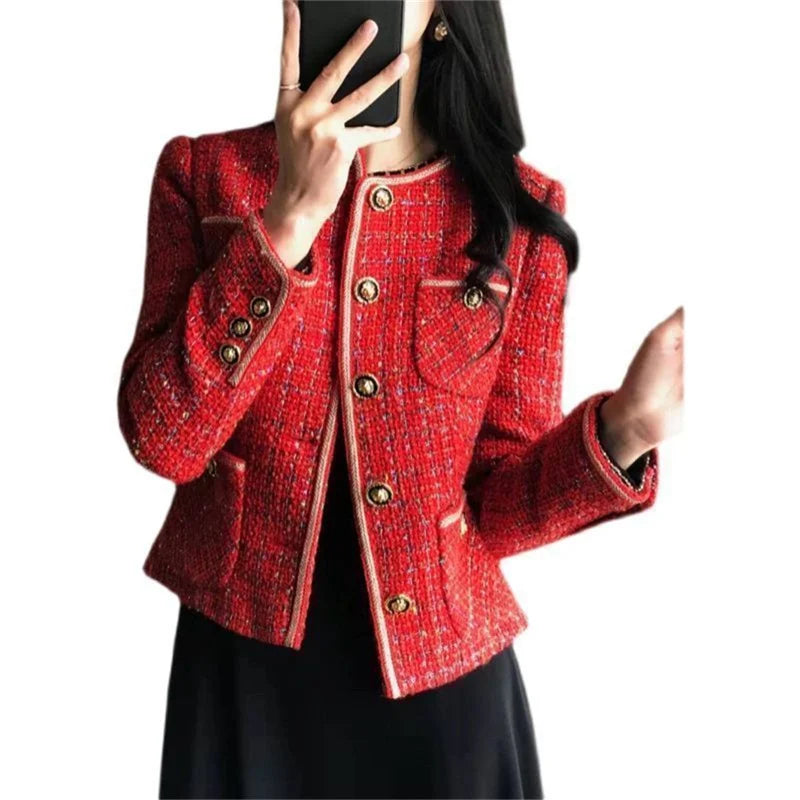 Vintage Red Tweed Coat Women's 2024 Autumn/Winter New French Vintage Loose and Versatile Show Thin Temperament Woolen Jacket Fem