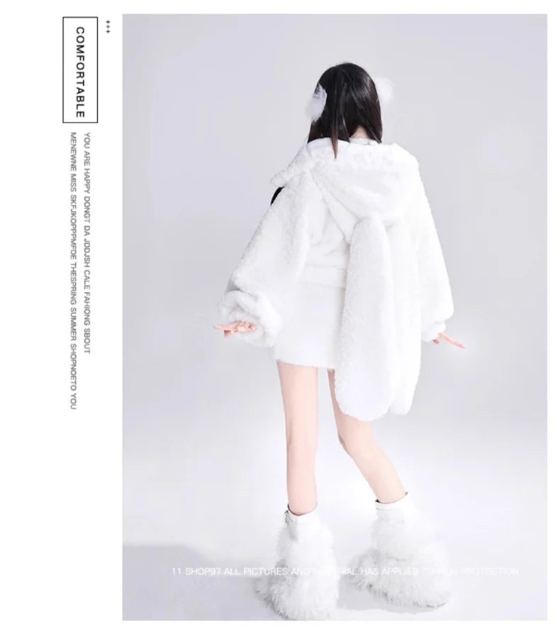 Lautaro Autumn Winter Sweet Cute Lovely Warm Soft White Short Faux Fur Coat Women  with Bunny Ears Fluffy Jacket Hoodie 2023