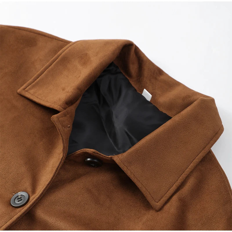 Retro Caramel Suede Leather Blazer Lapel Casual Single Breasted Loose Pocket Women Jacket 2024autumn Fashion Commute Street Coat