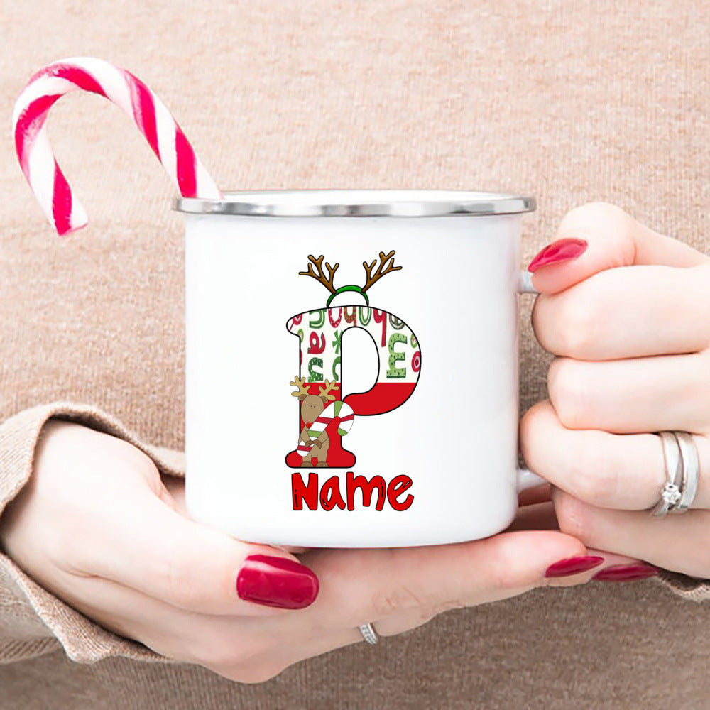 Personlized Reindeer Initial with Name Enamel Cups Christmas Hot Cocoa Chocolate Mug Drink Jiuce Mugs Christmas Gifts for Kids