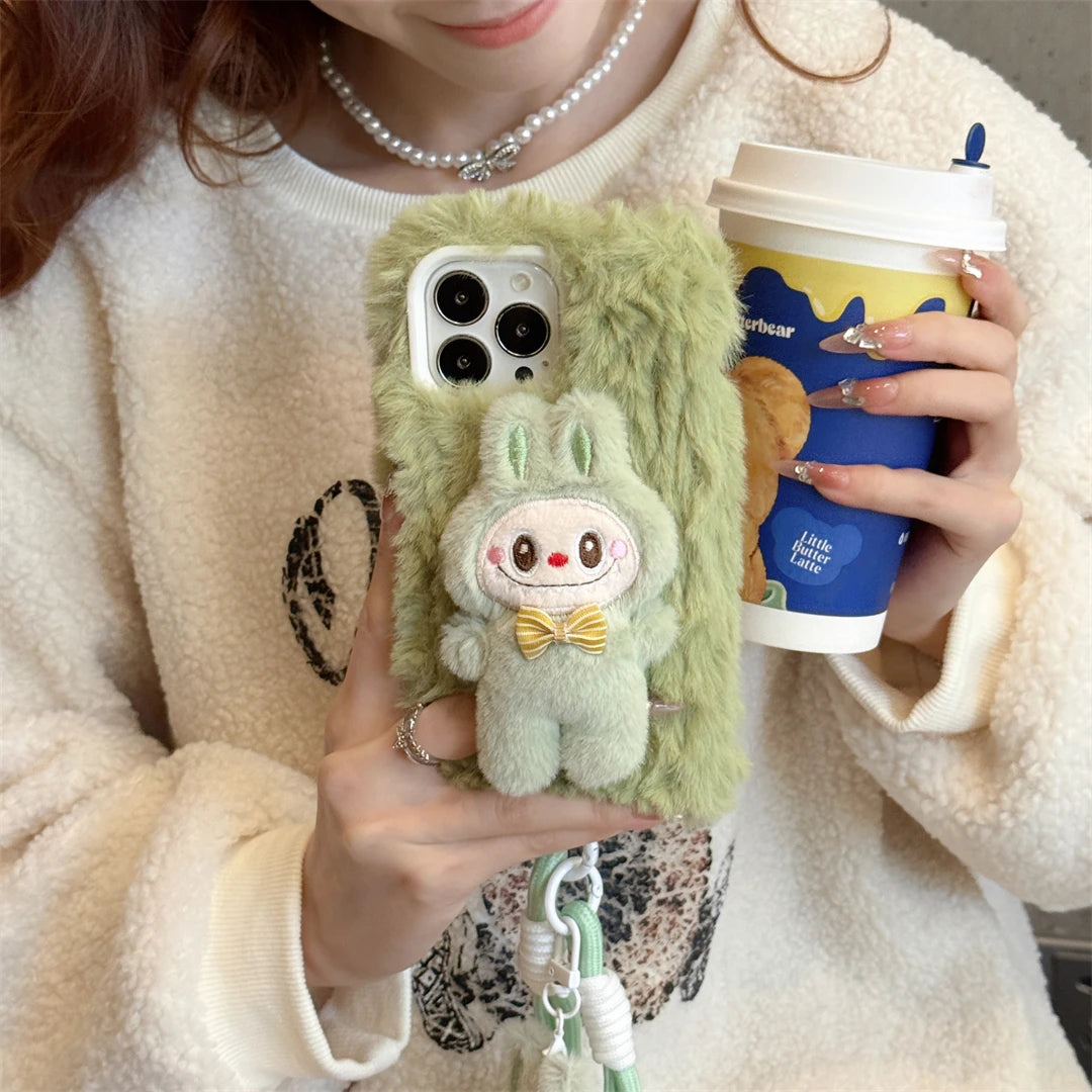 Cartoon Plush Little Monsters Labubu with Lanyard Phone Case for IPhone 16 15 14 13 12 11 Pro Max Anti-drop Back Cover Funda