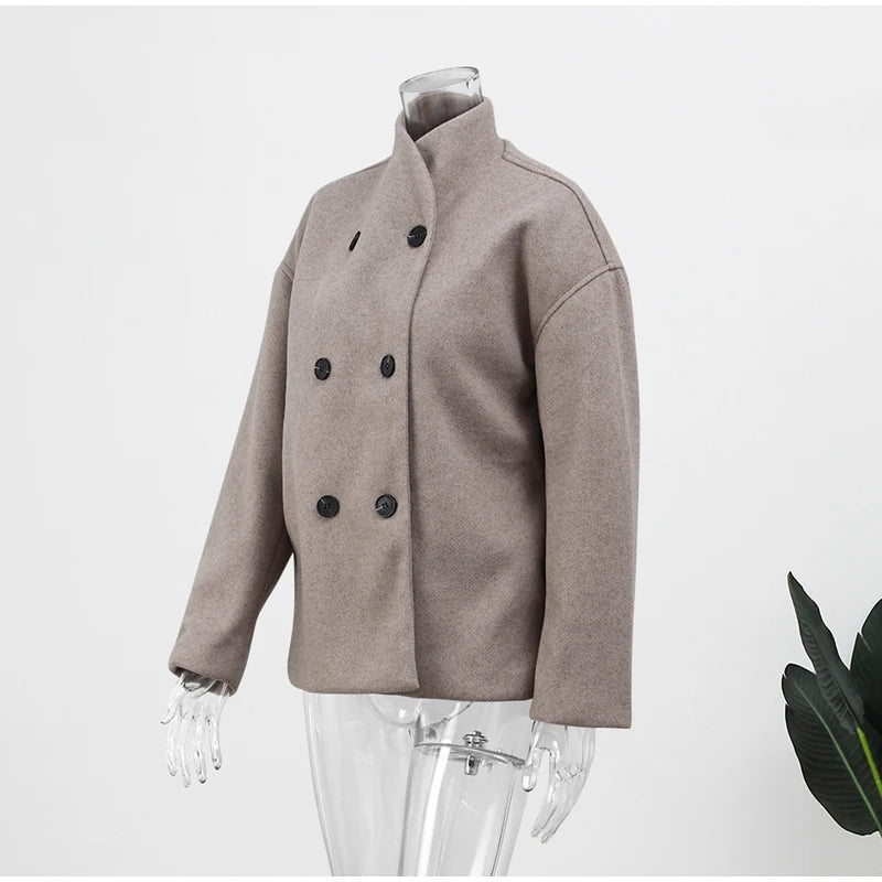 Retro Loose Casual Woolen Coats Women's Double Breasted Stand Collar Short Jacket Office Lady Autumn Winter 2024 Solid Outerwear