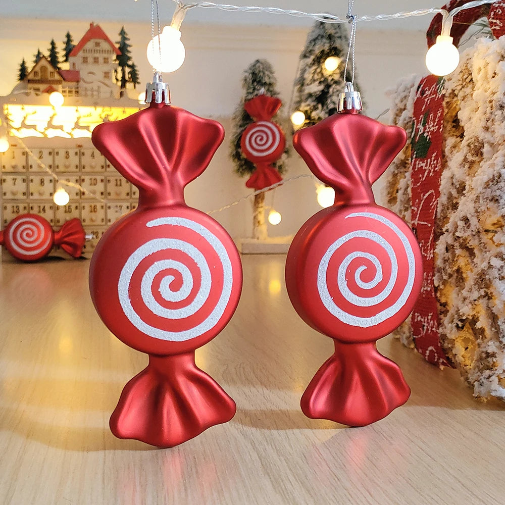 2pc 15cm Large Candy Pendant Christmas Decoration Red And White Lollipop PVC Painted Gold Xmas Tree Decora New Year Kids Gifts