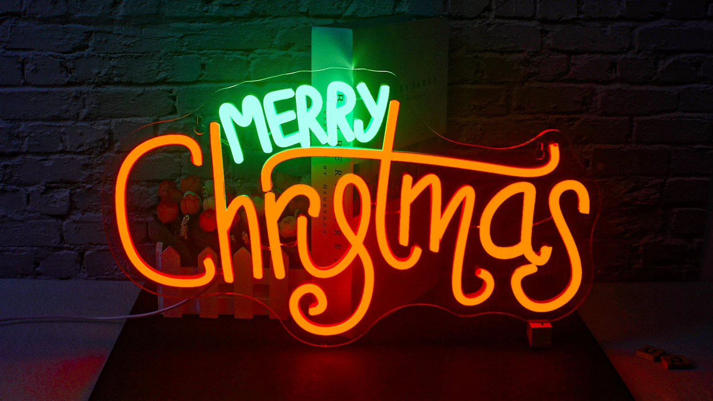 Merry Christmas Neon Sign Red Green LED Lights With Small Decor Dimmable Room Decoration For Festival Home Party Wall Lamp Signs