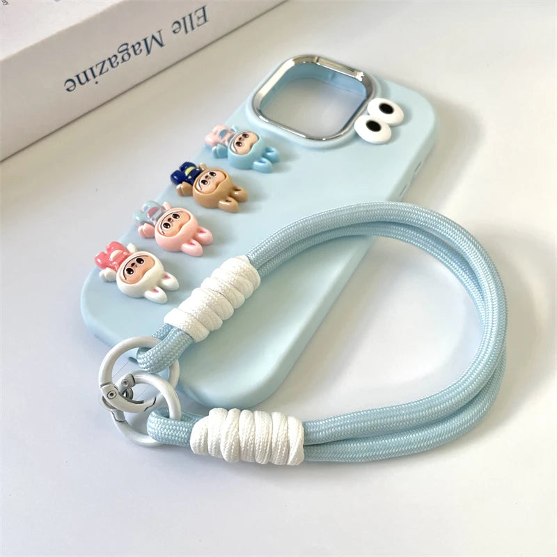 3D Labubu Cartoon Phone Case For iPhone 16 promax 15 14 Plus 13 12 11 Pro Max Mini With Wrist Strap Cute Eyes Soft Cover