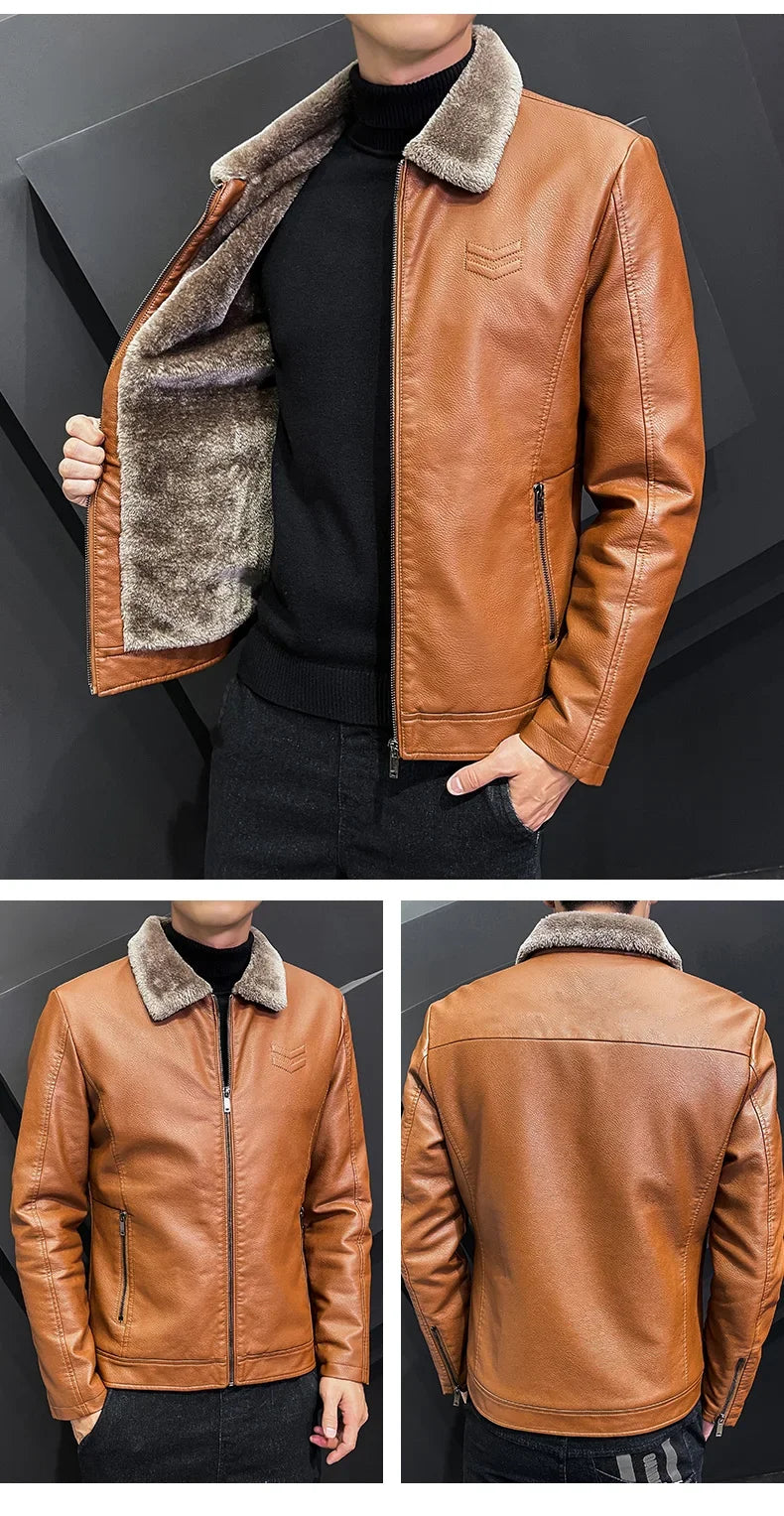 Vintage Brown Leather Jacket Men's Winter Faux Fur Collar Windproof Warm Coat Men's Luxury Clothing Brand chaqueta cuero hombre