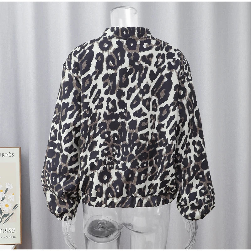 2024 Fashion Leopard Zipper Long Sleeved Women's Jacket Retro Round Neck Street Casual Outerwears New Female Autumn Commute Coat