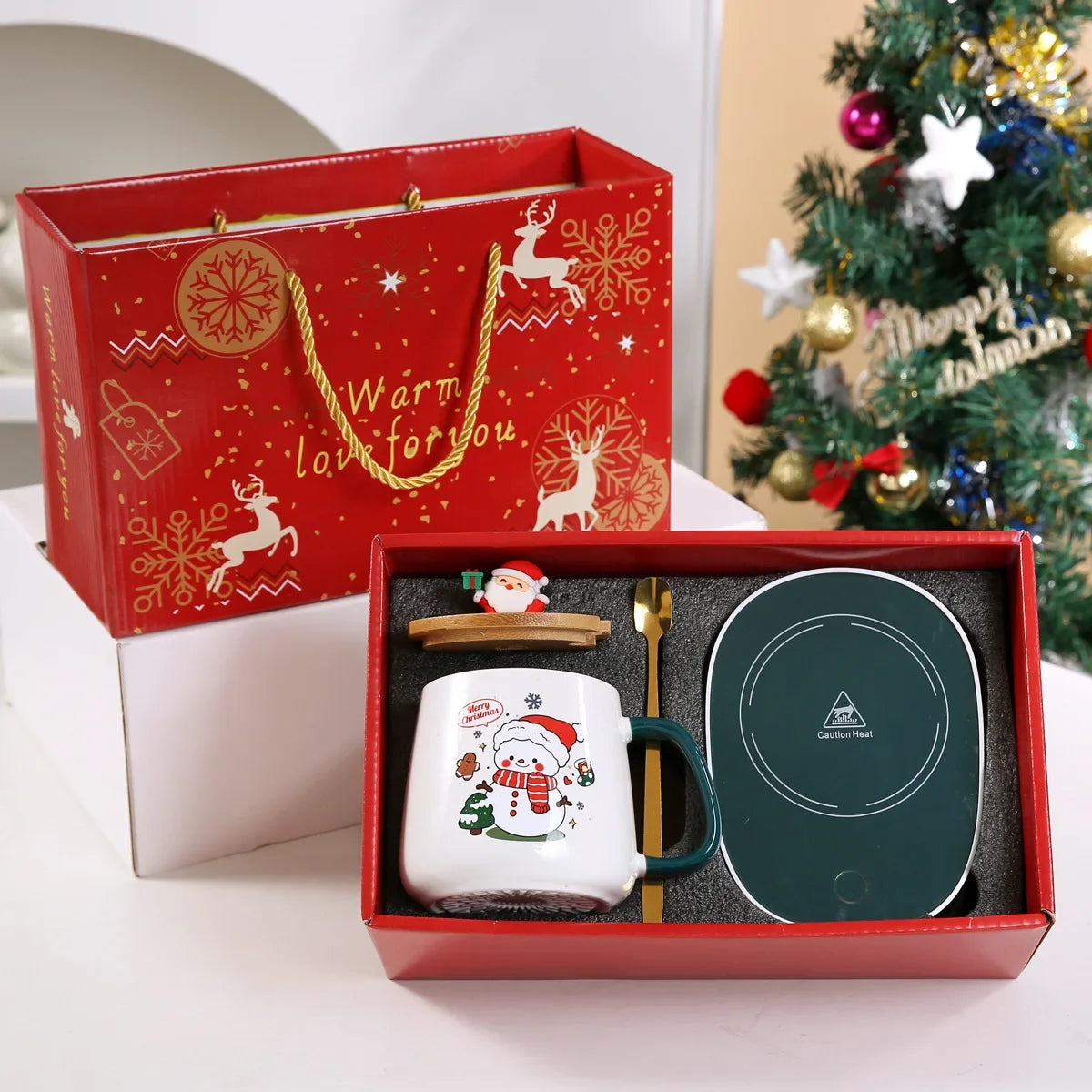 Christmas Gift Set: Warm 55℃ Ceramic Mug with Lid featuring Santa Claus for Office or Home Use