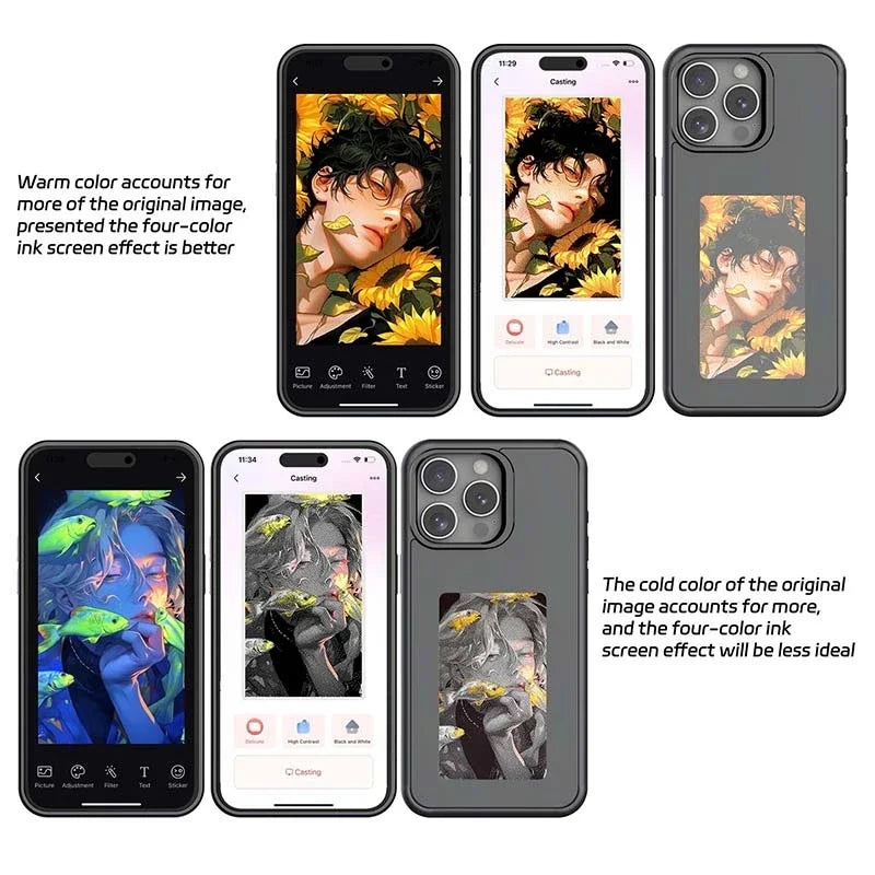 NFC Function Smart Phone Case For iphone 16 15 14 13 Pro Max E ink 4 Color Screen DIY Fashion Phone Cover Cartoon Girl New Funda