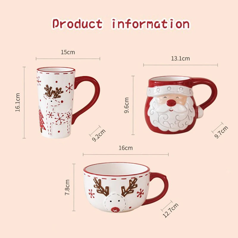 Nordic Christmas Ceramic Mug Santa Claus Cartoon Pattern Mousse Coffee Cup Home Breakfast Dessert Milk Mug for Kids Xmas Gift