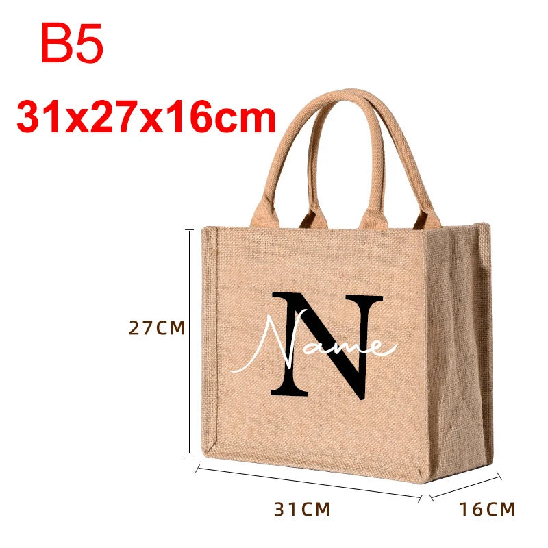 Custom Name Jute Handbag Personalized A-Z Burlap Logo Print Shopping Bag Tote Boutique Small Business Gift Girls Trip Wedding