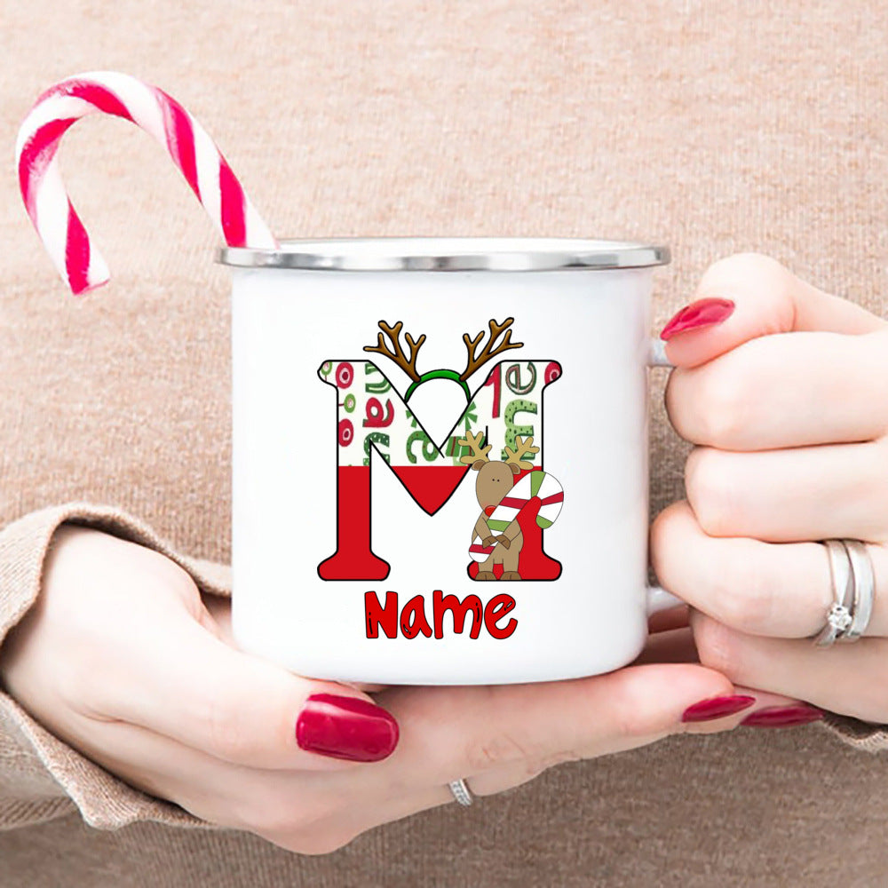 Personlized Reindeer Initial with Name Enamel Cups Christmas Hot Cocoa Chocolate Mug Drink Jiuce Mugs Christmas Gifts for Kids