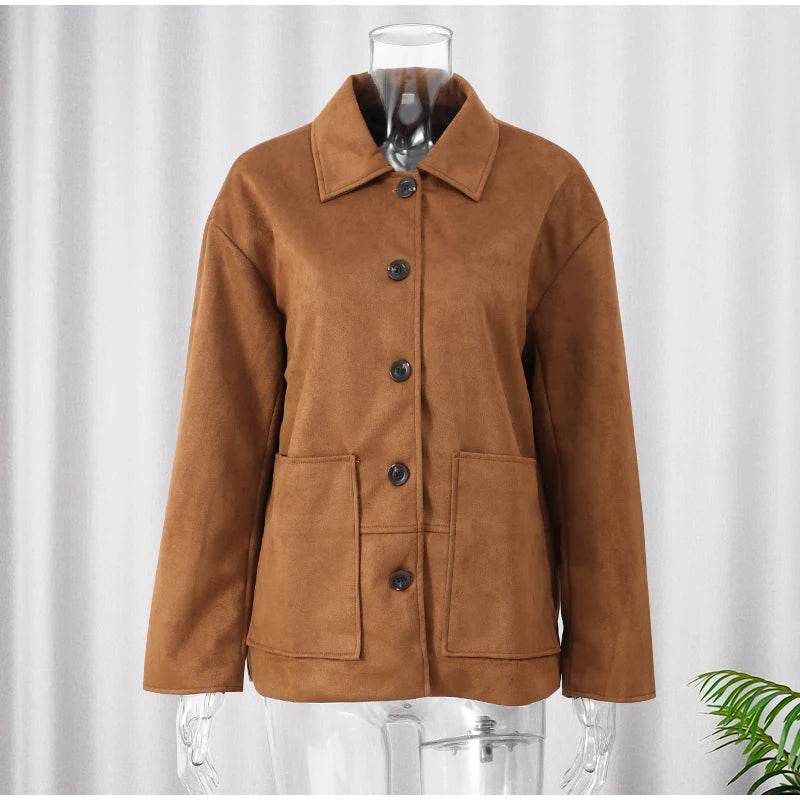 Retro Caramel Suede Leather Blazer Lapel Casual Single Breasted Loose Pocket Women Jacket 2024autumn Fashion Commute Street Coat