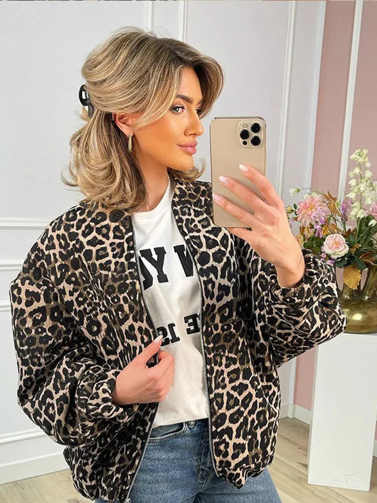 2024 Fashion Leopard Zipper Long Sleeved Women's Jacket Retro Round Neck Street Casual Outerwears New Female Autumn Commute Coat