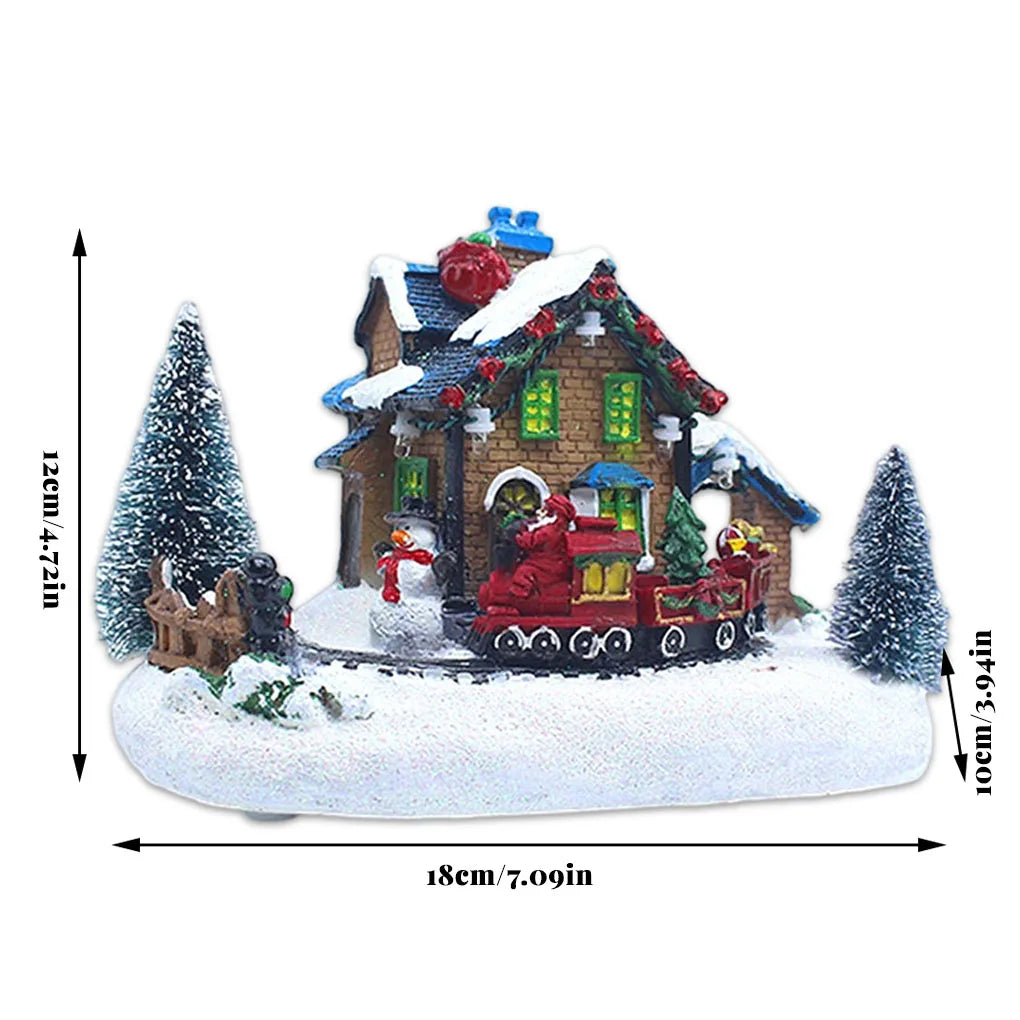 Christmas Village Figurines LED Lights Small Train Christmas Village House Luminous Landscape Figurines Resin Desktop Ornament