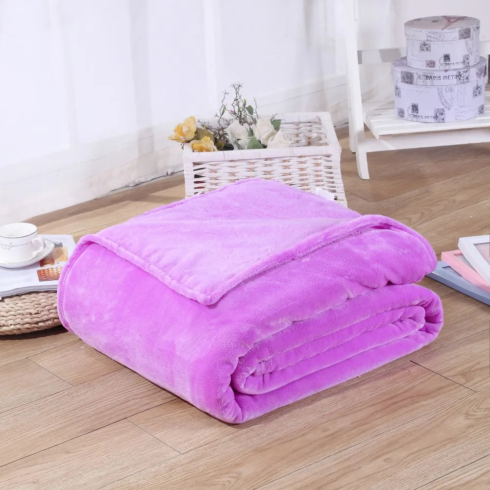 230GSM Coral Fleece Flannel Blankets For Beds Solid Blue Pink Soft Warm Thin Bedspread Sofa Cover Faux Fur Plaid Blanket