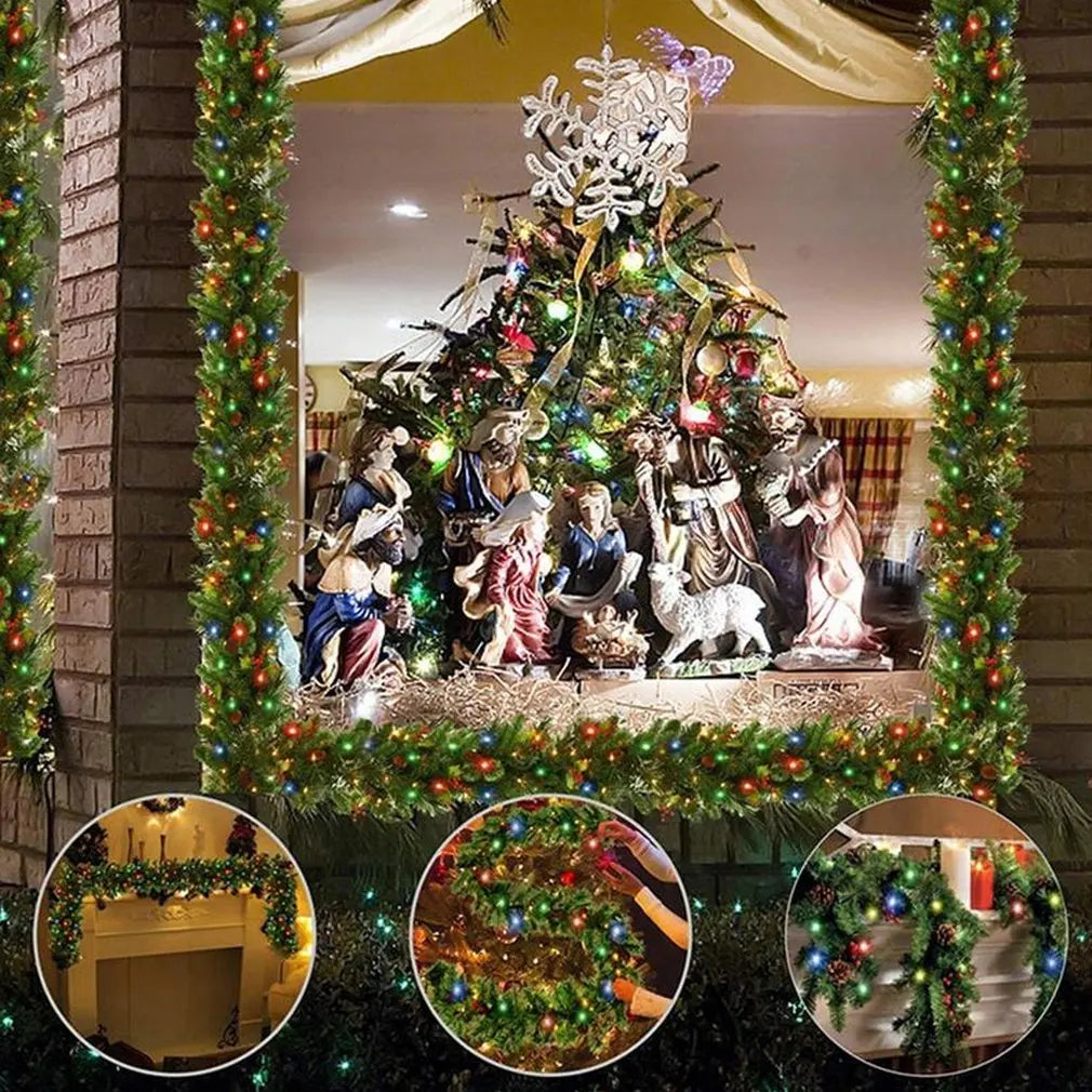 2.7M Christmas Wreath LED Garland Decoration Rattan Garlands Decorative Green Artificial Xmas Tree Rattan Banner