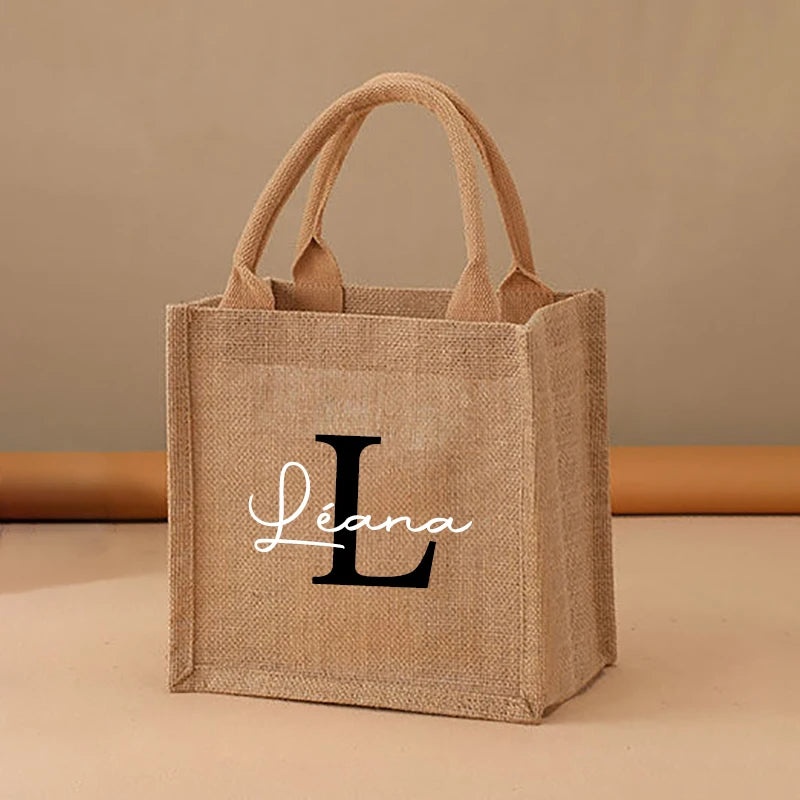 Custom Name Jute Handbag Personalized A-Z Burlap Logo Print Shopping Bag Tote Boutique Small Business Gift Girls Trip Wedding