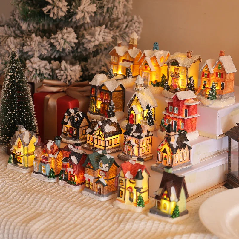 Mini LED Christmas Village Houses Building Xmas Winter Village Town Buildings Collection Home Indoor Room Decoration Xmas Gifts