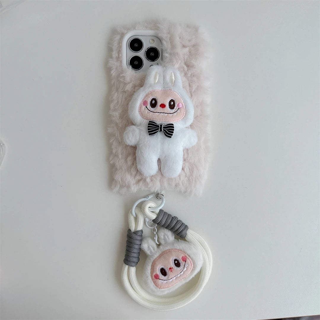 Cartoon Plush Little Monsters Labubu with Lanyard Phone Case for IPhone 16 15 14 13 12 11 Pro Max Anti-drop Back Cover Funda