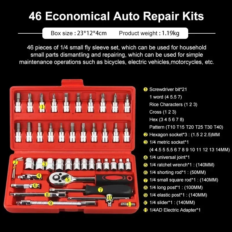 46/53pcs Drive Socket Set 1/4 inch Ratchet Wrench Set with Sockets Metric Hex Bit Socket Set Mechanic Tool Kits for Auto Repair