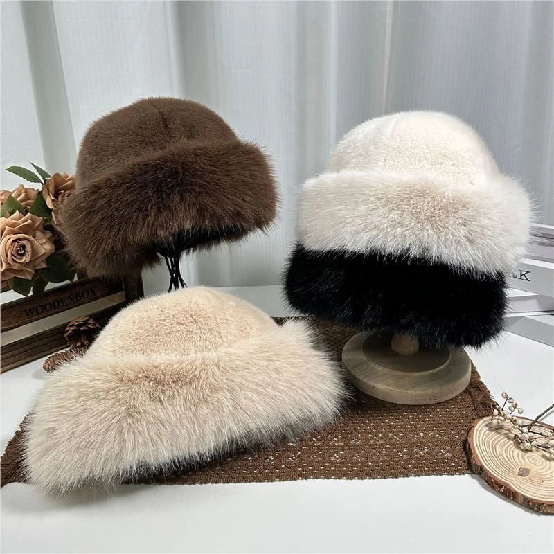 Winter Plush Hat Women Thickened Warm Bucket Hats For Women Men Simple Imitation Fur Ear Protection Cap Windproof Fisherman Cap