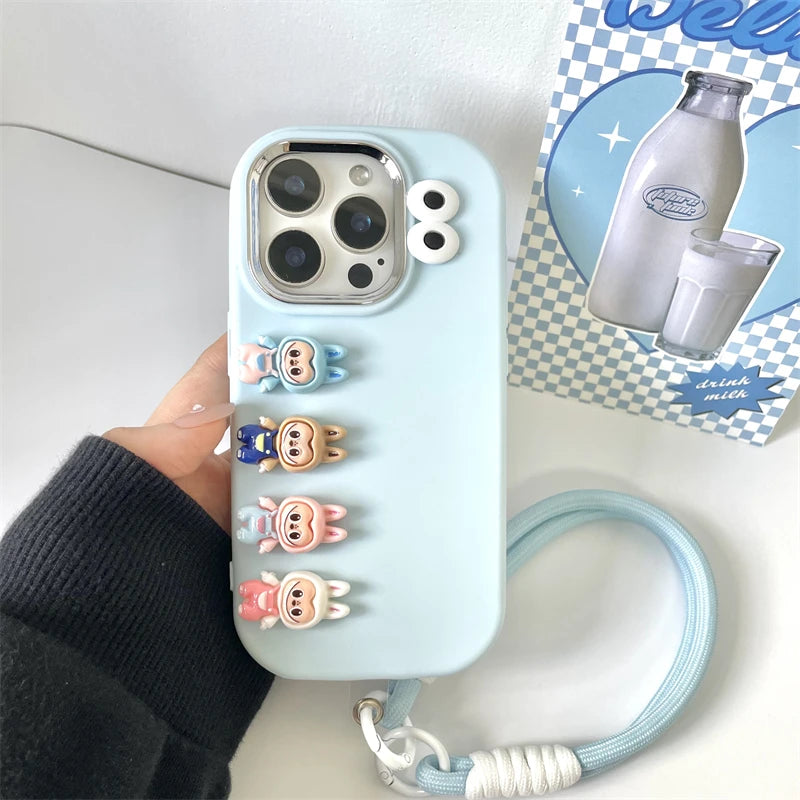 3D Labubu Cartoon Phone Case For iPhone 16 promax 15 14 Plus 13 12 11 Pro Max Mini With Wrist Strap Cute Eyes Soft Cover