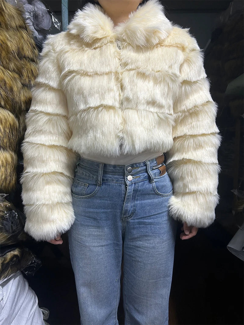 Casual White Black Fluffy Fall Winter Faux Fur Coat Women Short Jacket Long Sleeve Cropped Puffer Fur Jacket For Women Outwear