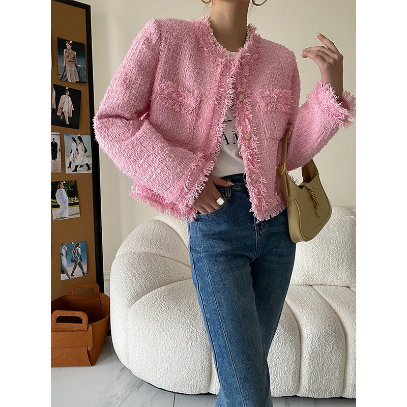 Pink Fringe Fur Shoulder Pad Tweed Jacket Blazer Boucle Crop Coat for Women 2023 Spring