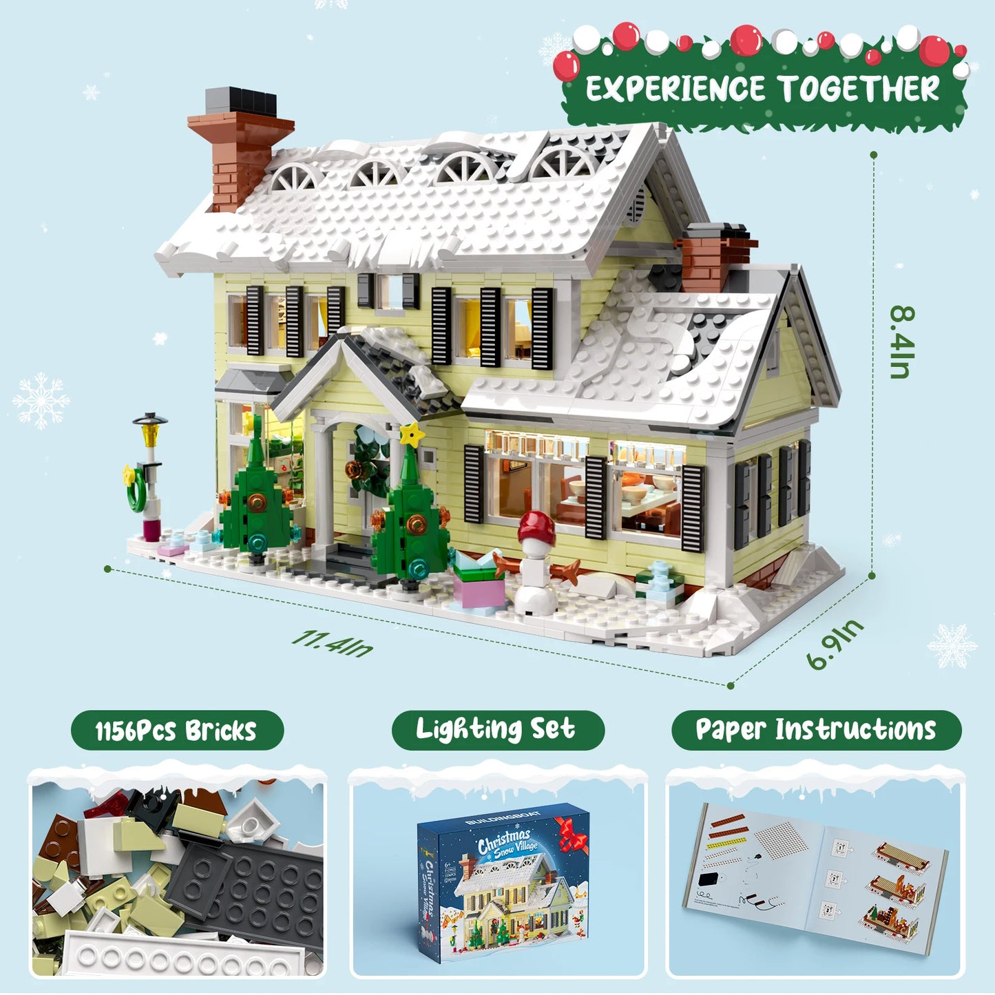 MOC Christmas Winter Village Cafeby Building Holiday Cottage Streets Cape Reindeer Santa Claus Blocks Kids Friend Toys