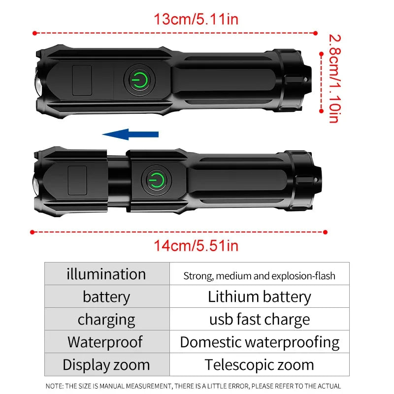 LED Telescopic Zoom Strong Light Flashlight USB Charging Compact Portable Focused Long-range Portable Household Flashlight